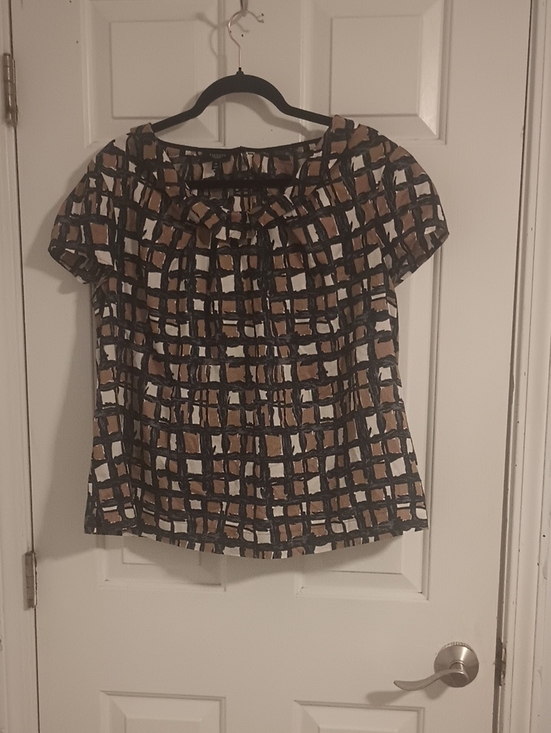 Talbots Tops - Talbots Brown, Black & White Grid-Pattern Short Sleeve Blouse
